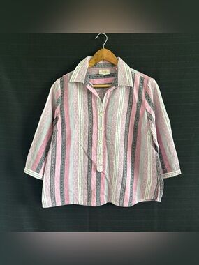 Baxtor & Wells Pink Gray Stripe 3/4 Sleeve Split Neck Shirt L Coastal Grandma